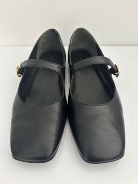 Tory Burch Black Leather Mary Jane Flats with Gold Buckle